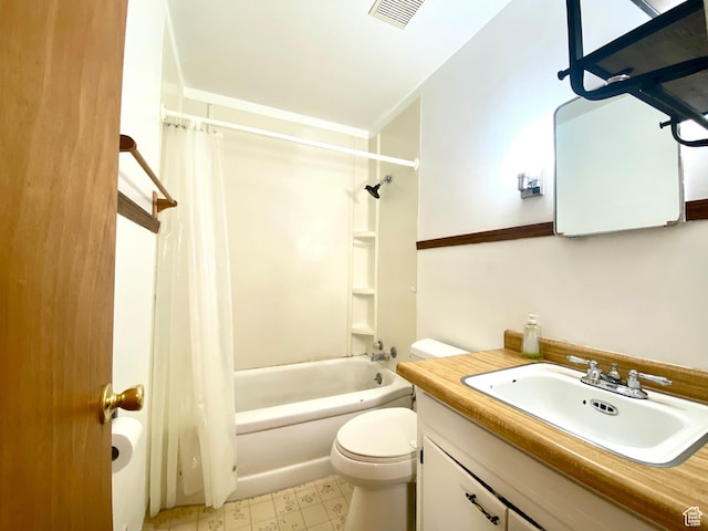 271 S Court St W, Soda Springs, ID 83276 - bathroom with toilet, shower / bath combination with curtain, vanity, and tile patterned floors