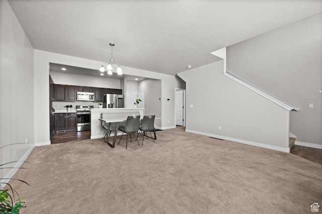 6616 W 7735 S, West Jordan, UT 84081 - living area featuring light carpet, a chandelier, baseboards, and stairs