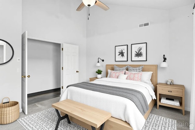 710 W 1350 S, Cedar City, UT 84720 - bedroom with high vaulted ceiling, carpet floors, baseboards, and a ceiling fan