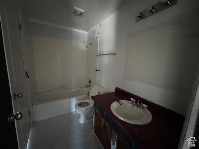 full bathroom with toilet, vanity, and shower / tub combination