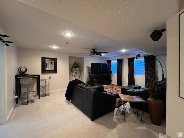 4863 Glasmann Way, Ogden, UT 84403 - carpeted living area featuring a textured ceiling, baseboards, ceiling fan, and recessed lighting