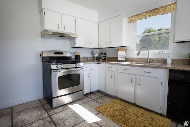 604 E 3635 S, Salt Lake City, UT 84106 - kitchen with stainless steel range with gas stovetop, under cabinet range hood, a sink, baseboards, and white cabinets