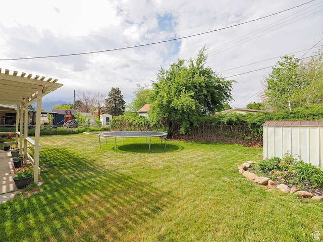 view of yard featuring a trampoline, a storage shed, a pergola, and an outbuilding
