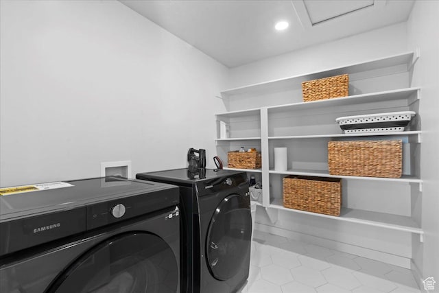 2102 S 2200 W, Woods Cross, UT 84087 - laundry room featuring independent washer and dryer, tile patterned flooring, and attic access