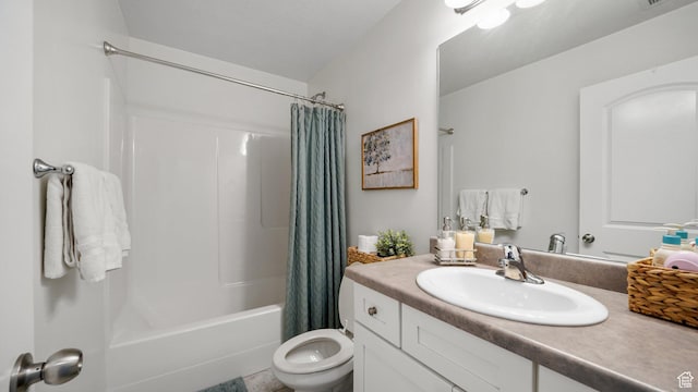 bathroom featuring toilet, vanity, and shower / bathtub combination with curtain