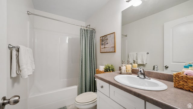 bathroom with toilet, vanity, and shower / bath combo with shower curtain