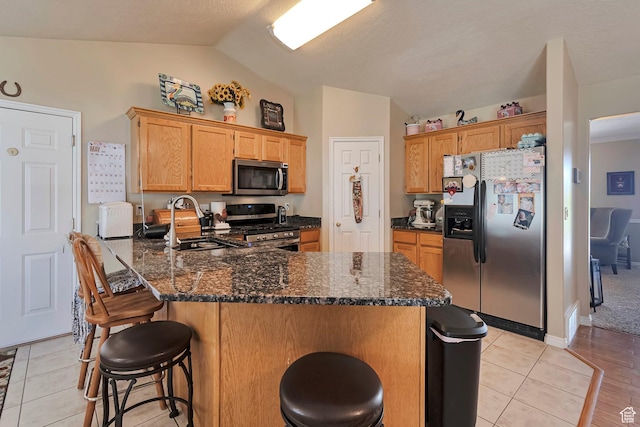 1186 E 470 S, Payson, UT 84651 - kitchen with appliances with stainless steel finishes, lofted ceiling, a sink, a peninsula, and a breakfast bar area