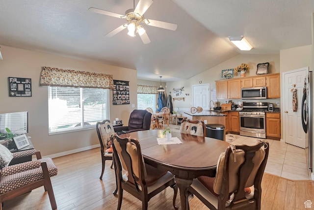 1186 E 470 S, Payson, UT 84651 - dining area with ceiling fan, vaulted ceiling, light wood-type flooring, and baseboards