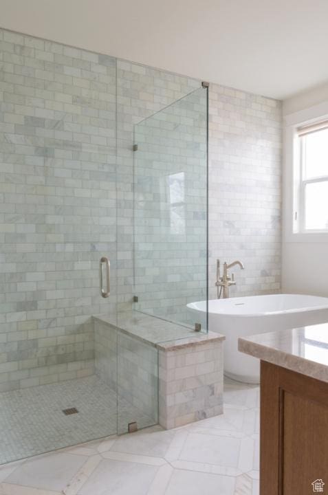 405 W 1200 N Unit 4, Mapleton, UT 84664 - bathroom featuring a stall shower, a freestanding tub, vanity, and tile patterned flooring