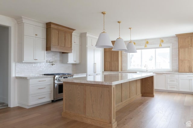 405 W 1200 N Unit 4, Mapleton, UT 84664 - kitchen featuring high end stainless steel range, light wood-type flooring, tasteful backsplash, a spacious island, and white cabinetry