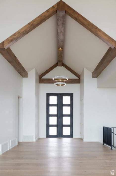 443 W 1200 N Unit 3, Mapleton, UT 84664 - entryway with beam ceiling, wood finished floors, a chandelier, high vaulted ceiling, and french doors
