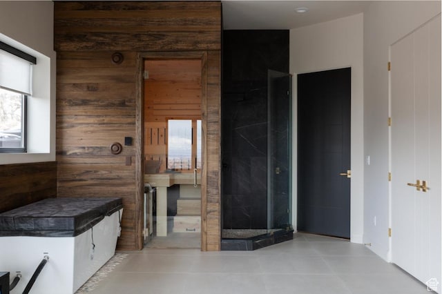 443 W 1200 N Unit 3, Mapleton, UT 84664 - bathroom featuring plenty of natural light, wood walls, and tile patterned floors