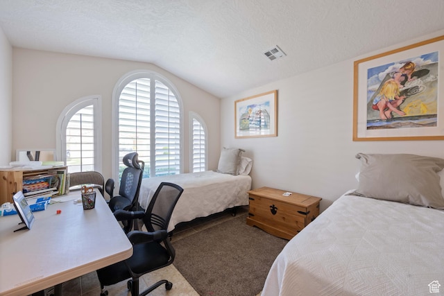 carpeted bedroom with lofted ceiling, an office area, and a textured ceiling