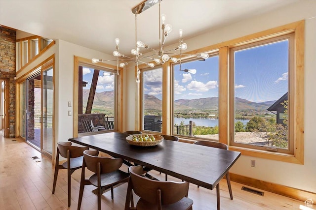 1108 N Lakeside Ct, Eden, UT 84310 - dining room featuring a chandelier, light wood finished floors, and a water and mountain view