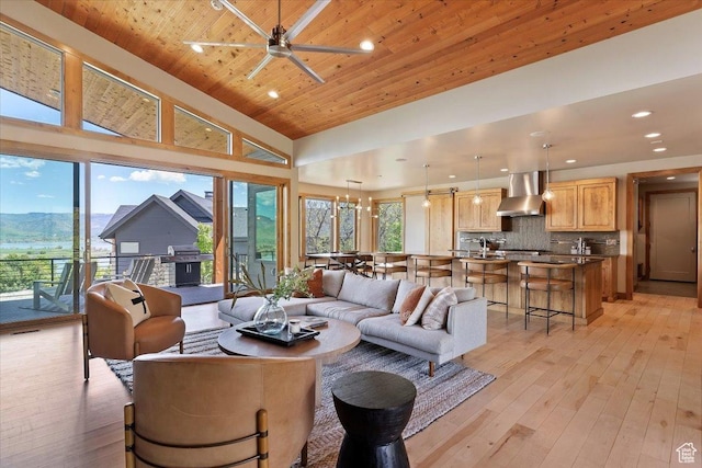 1108 N Lakeside Ct, Eden, UT 84310 - living room featuring light wood-style flooring, a towering ceiling, recessed lighting, wooden ceiling, and ceiling fan