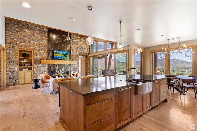 1108 N Lakeside Ct, Eden, UT 84310 - kitchen with a sink, dark countertops, light wood-type flooring, a fireplace, and recessed lighting