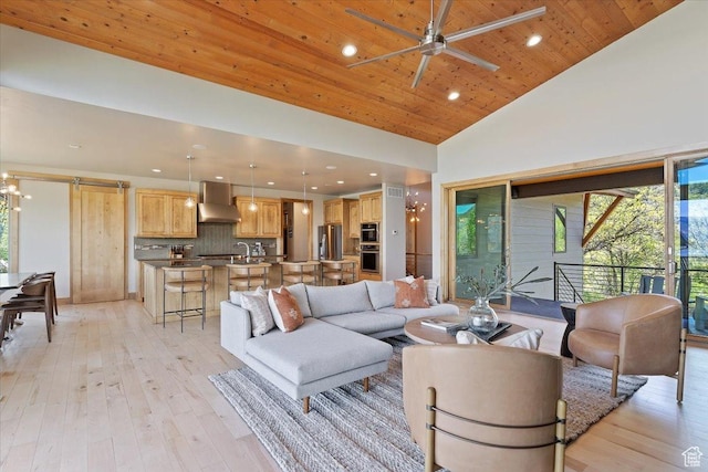 1108 N Lakeside Ct, Eden, UT 84310 - living area featuring wooden ceiling, ceiling fan, recessed lighting, high vaulted ceiling, and light wood-style floors