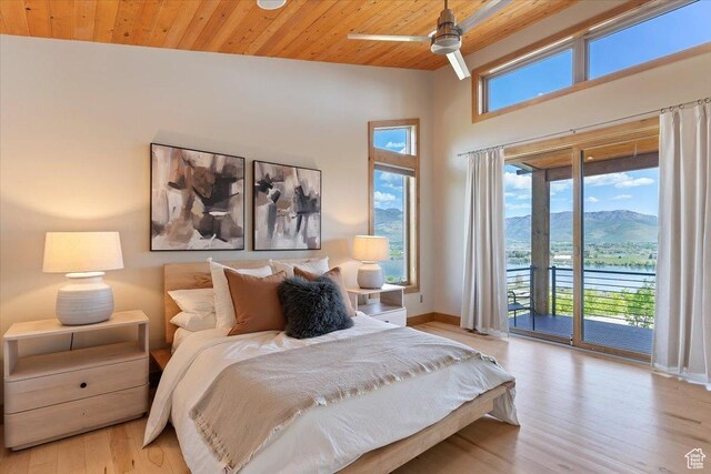 1108 N Lakeside Ct, Eden, UT 84310 - bedroom featuring access to exterior, wood finished floors, wooden ceiling, baseboards, and a water and mountain view