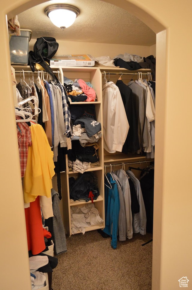 walk in closet with arched walkways and carpet floors