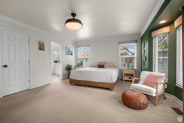bedroom featuring light colored carpet, ornamental molding, multiple windows, and baseboards
