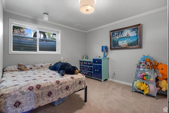 bedroom featuring carpet flooring, ornamental molding, and baseboards