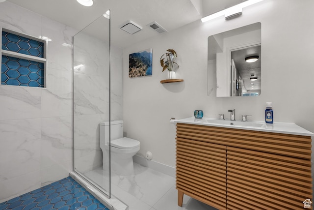 full bath with toilet, a marble finish shower, vanity, and baseboards