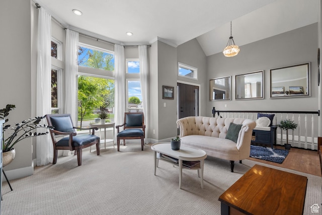 living room with high vaulted ceiling and baseboards