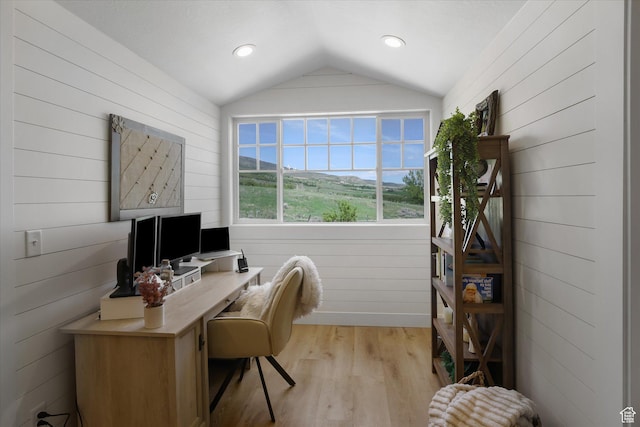 6071 W 1800 S, Mendon, UT 84325 - office area featuring lofted ceiling, light wood-style flooring, wooden walls, and recessed lighting