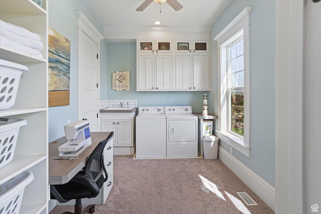 6071 W 1800 S, Mendon, UT 84325 - laundry area featuring washing machine and clothes dryer, cabinet space, light carpet, ceiling fan, and a desk