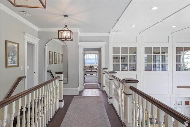6071 W 1800 S, Mendon, UT 84325 - hall with an upstairs landing, recessed lighting, ornamental molding, dark wood-type flooring, and a chandelier