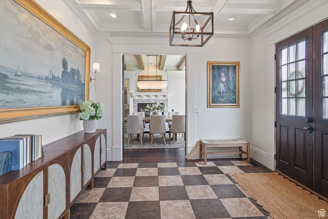 6071 W 1800 S, Mendon, UT 84325 - foyer with a chandelier, coffered ceiling, baseboards, beamed ceiling, and ornamental molding
