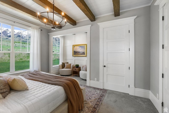 6071 W 1800 S, Mendon, UT 84325 - bedroom featuring a chandelier, carpet, beamed ceiling, and baseboards