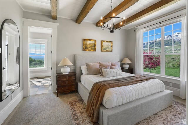 6071 W 1800 S, Mendon, UT 84325 - carpeted bedroom with a chandelier and beam ceiling