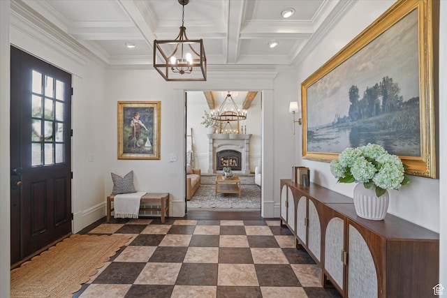 6071 W 1800 S, Mendon, UT 84325 - entrance foyer featuring a chandelier, crown molding, coffered ceiling, baseboards, and beam ceiling