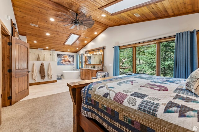 3321 W Big Spruce Way Unit E54, Park City, UT 84098 - bedroom featuring a skylight, wood ceiling, lofted ceiling, recessed lighting, and carpet floors