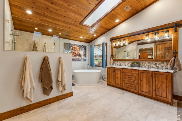 3321 W Big Spruce Way Unit E54, Park City, UT 84098 - full bathroom with wooden ceiling, vaulted ceiling, walk in shower, a skylight, and recessed lighting