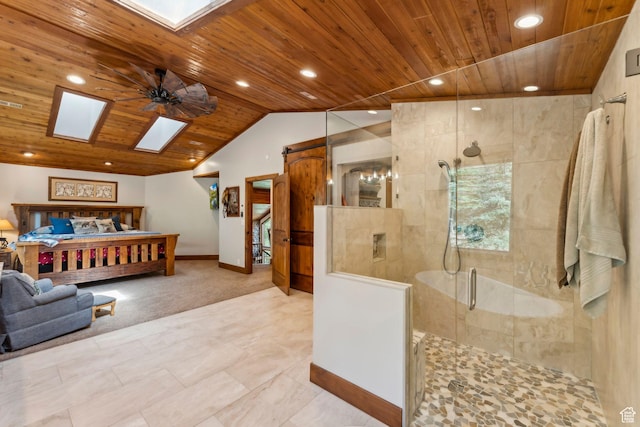 3321 W Big Spruce Way Unit E54, Park City, UT 84098 - bedroom featuring a skylight, wooden ceiling, baseboards, recessed lighting, and light carpet