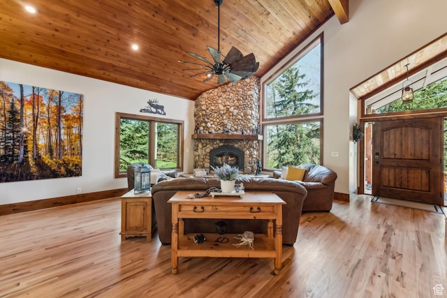 3321 W Big Spruce Way Unit E54, Park City, UT 84098 - living room featuring high vaulted ceiling, ceiling fan, wooden ceiling, light wood finished floors, and baseboards