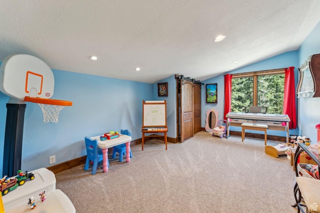 3321 W Big Spruce Way Unit E54, Park City, UT 84098 - rec room featuring vaulted ceiling, carpet, baseboards, a textured ceiling, and recessed lighting