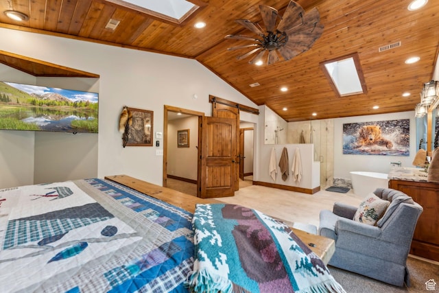 3321 W Big Spruce Way Unit E54, Park City, UT 84098 - bedroom featuring a skylight, wooden ceiling, recessed lighting, vaulted ceiling, and a barn door