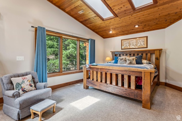 3321 W Big Spruce Way Unit E54, Park City, UT 84098 - carpeted bedroom featuring baseboards, a skylight, wood ceiling, and vaulted ceiling