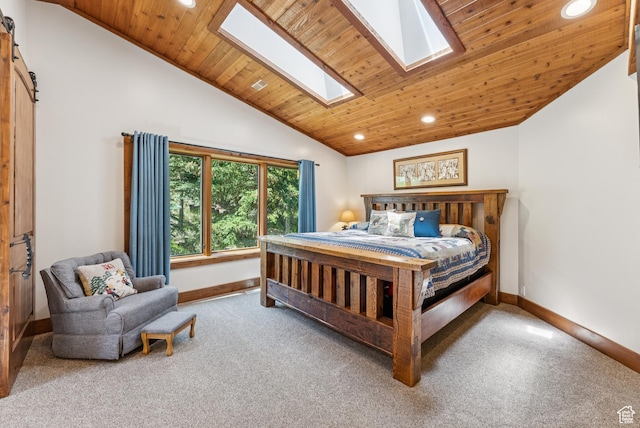 3321 W Big Spruce Way Unit E54, Park City, UT 84098 - bedroom featuring carpet flooring, a skylight, vaulted ceiling, recessed lighting, and wooden ceiling