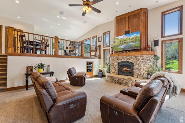 3321 W Big Spruce Way Unit E54, Park City, UT 84098 - living area with carpet floors, healthy amount of natural light, stairway, a ceiling fan, and high vaulted ceiling