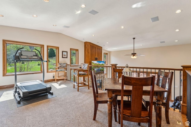 3321 W Big Spruce Way Unit E54, Park City, UT 84098 - dining space featuring vaulted ceiling, light carpet, recessed lighting, baseboards, and a ceiling fan