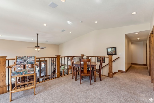 3321 W Big Spruce Way Unit E54, Park City, UT 84098 - dining area featuring light colored carpet, recessed lighting, baseboards, lofted ceiling, and a ceiling fan