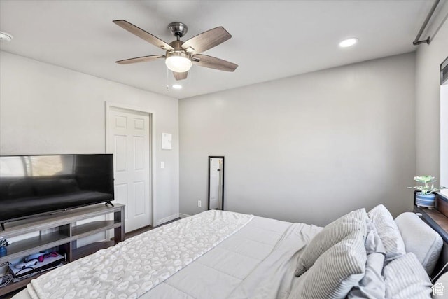 bedroom with recessed lighting and a ceiling fan