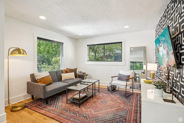 2597 S Elizabeth St, Salt Lake City, UT 84106 - living room with a textured ceiling, wood finished floors, baseboards, and recessed lighting