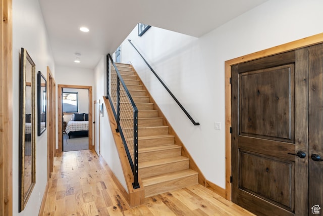 10256 N Basin Canyon Rd, Park City, UT 84098 - stairs with wood finished floors, recessed lighting, and baseboards