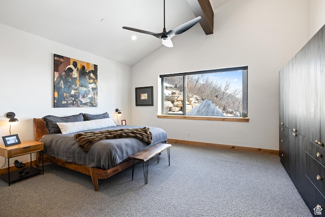 10256 N Basin Canyon Rd, Park City, UT 84098 - carpeted bedroom featuring baseboards, beamed ceiling, ceiling fan, and high vaulted ceiling