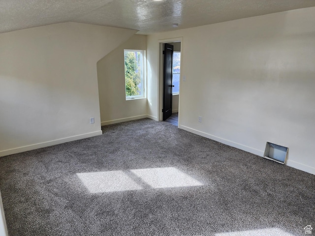 bonus room with carpet floors, a textured ceiling, baseboards, and lofted ceiling